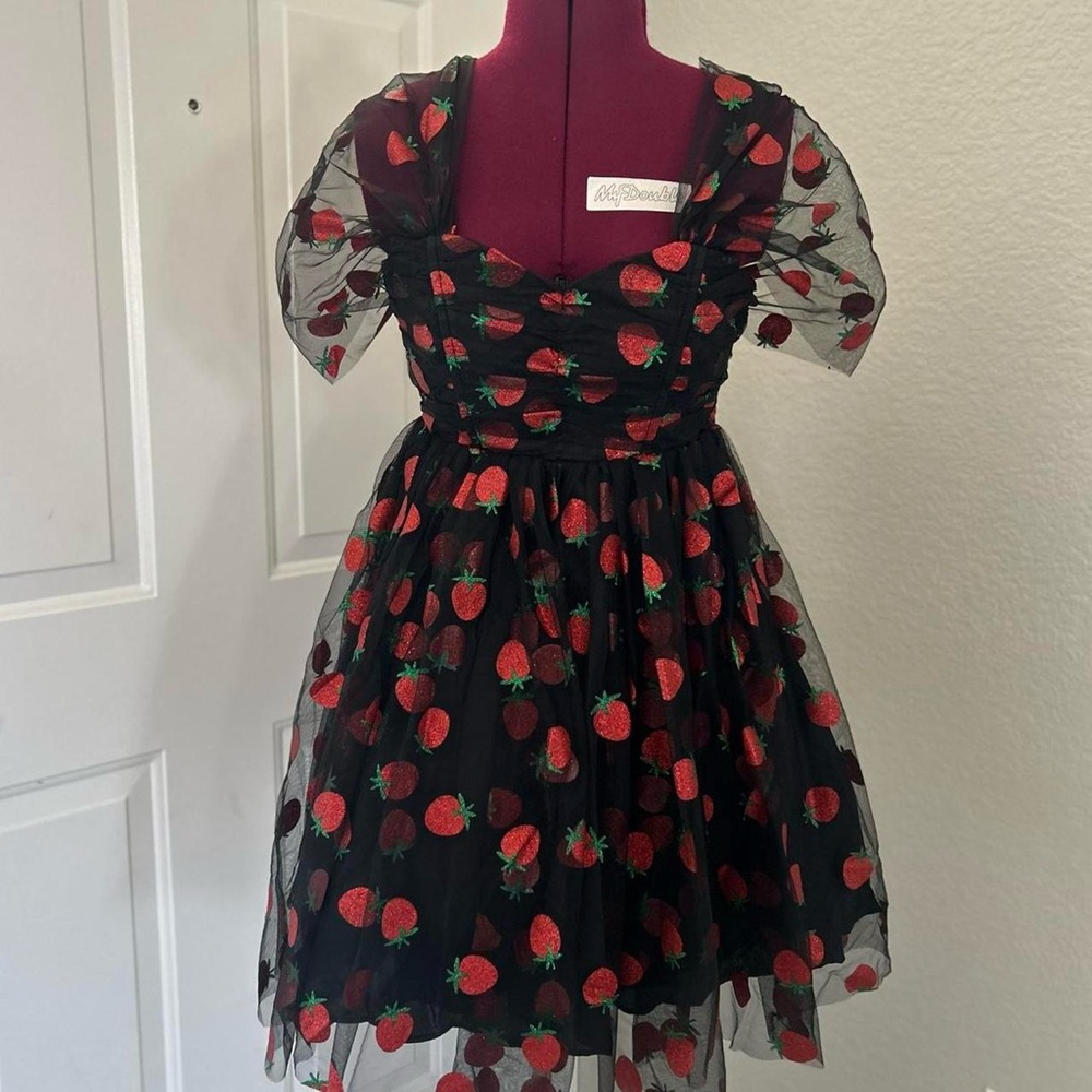 Unique Vintage Black and Red Strawberry Mini Dress